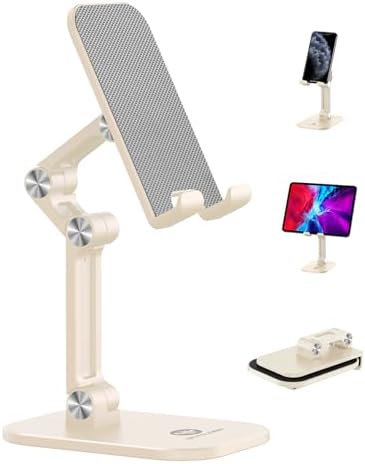 OCYCLONE Phone Stand, Adjustable Height and Angle Cell Phone Stand for Desk Foldable Holder, Taller iPhone Stand Compatible 4-11 Inch All Mobile Phone/iPad/Tablet - Beige