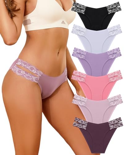 FINETOO Seamless Underwear for Women Cheeky Bikini Panties High Cut V-waist Lace Underwear Women Cute Bikinis 6 Pack