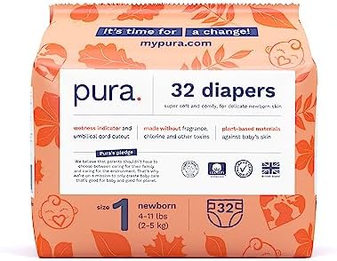 Pura Size 1 Eco-Friendly Diapers (4-11lbs) Hypoallergenic, Soft Organic Cotton Comfort, Sustainable, Wetness Indicator, Allergy UK Certified. Newborn 1 Pack of 32 Baby Diapers