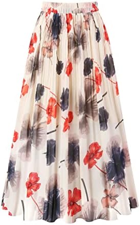 Kingfancy Women's Pleated Skirt Chiffon Elastic Waist A-Line Midi Length Skirt