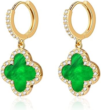 Gold Dangle Earrings, 14K Gold Plated Small Huggie Hoop Earrings with Clover Charms, Dainty Drop Dangle Earrings for Women