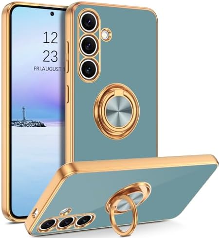 BENTOBEN Compatible with Samsung Galaxy S24 Phone Case 6.2" 2024, Slim Fit Kickstand Ring Holder Design Shockproof Protection Soft TPU Bumper Drop Protective Cute Girls Women Men Boy Cover, Grey/Gold