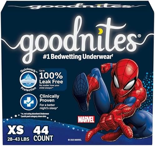 Goodnites Boys' Nighttime Bedwetting Underwear, Size Extra Small (28-43 lbs), 44 Ct (2 Packs of 22), Packaging May Vary