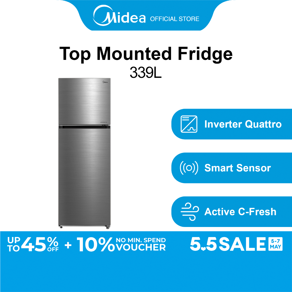Midea MDRT489MTB46-SG Bru Steel Smart Sensor Inverter Quattro Top Mounted Fridge, 339L, Energy Rating 2 Ticks