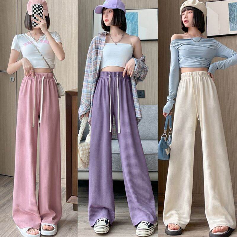 Purple Ice Silk Wide-Leg Pants Women's Summer High Waist Loose Drooping Slimming and Straight Casual Narrow Pants Mop Pants