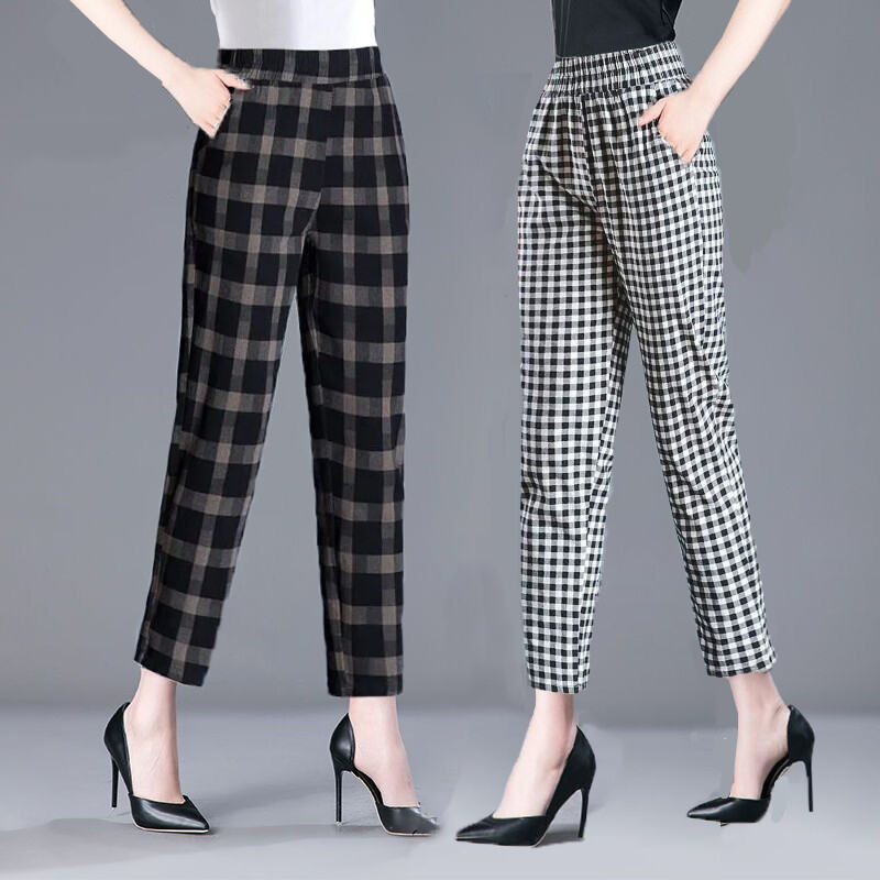 100% Cotton Women's Pants Plus size Cropped Pants Women 2023 Summer New Loose Harlan Straight Casual Pants Women Plaid