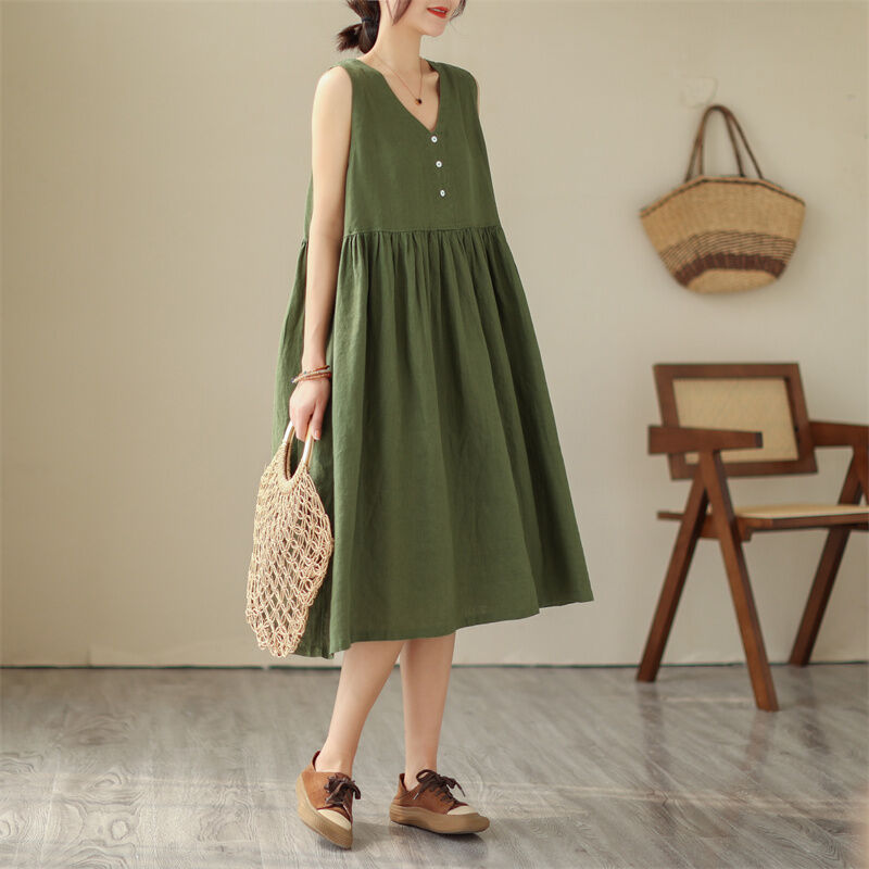 Summer Loose Japanese Style Vest Skirt Women's Mid Length Long Length Slimming V-Neckline High Waist Girl's Dress Sleeveless Cotton and Linen Dress
