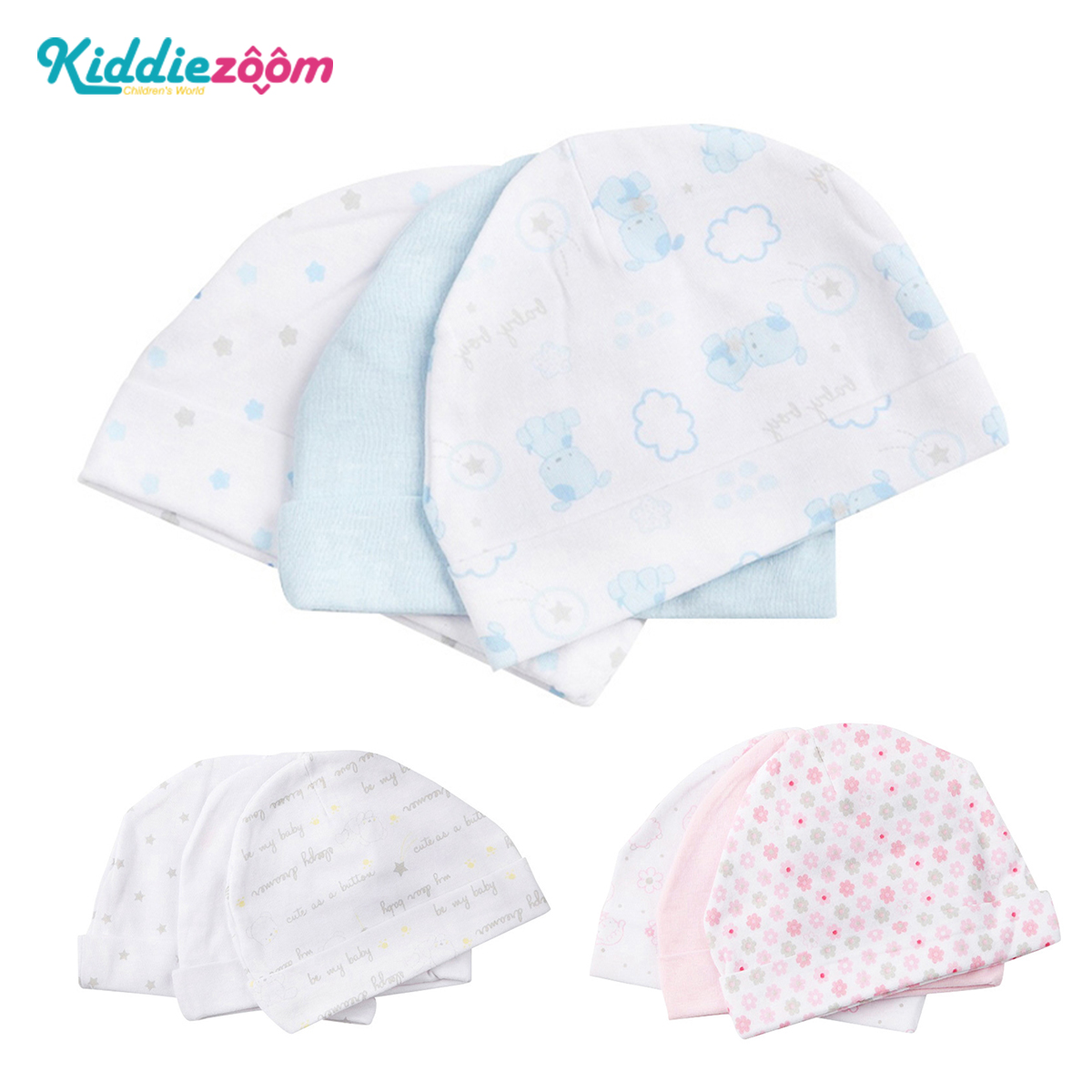 Kiddiezoom 3PCS Newborn Baby Accessories Boy Girl Baby Hat Windproof 100%Cotton 0-6 months