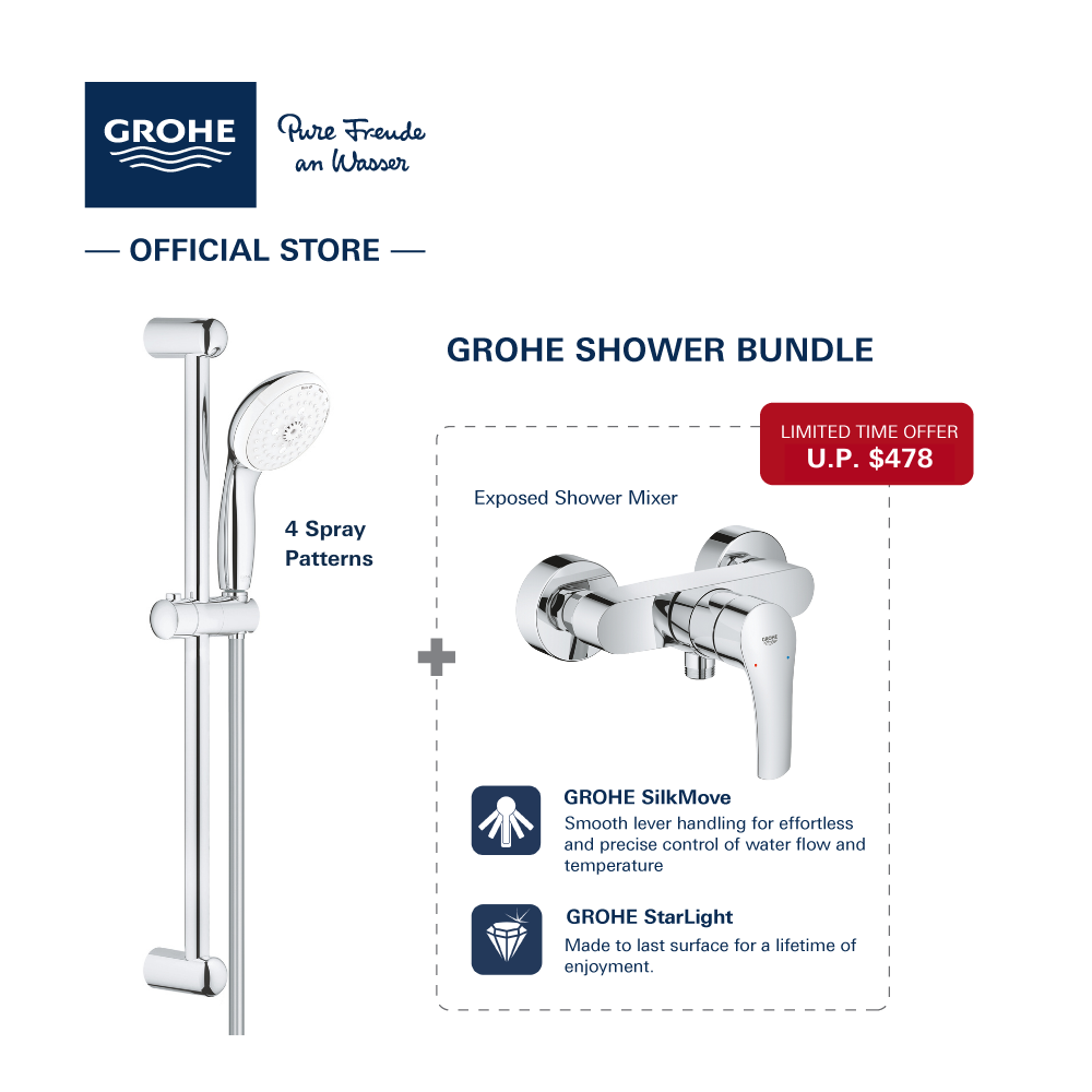 [GROHE Shower Bundle] Tempesta 100 Shower Rail Set (4 Spray) with Bath & Shower Mixer