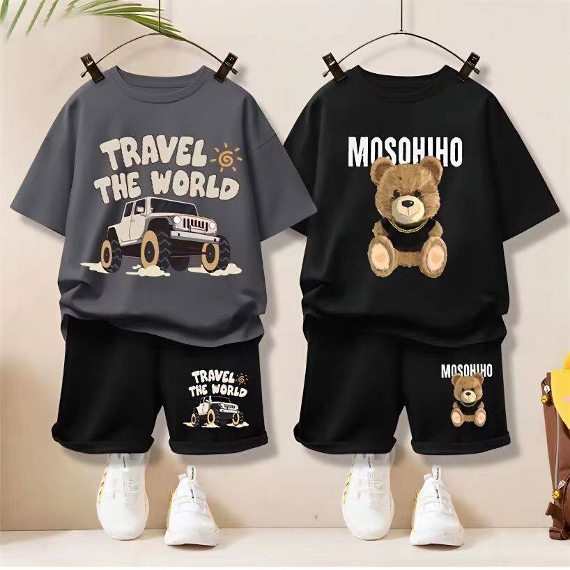 2pcs Ins Fashion Baby Suit Baby Clothes Boys Girls Summer Two-piece Bear Cartoon Printed Top + Shorts