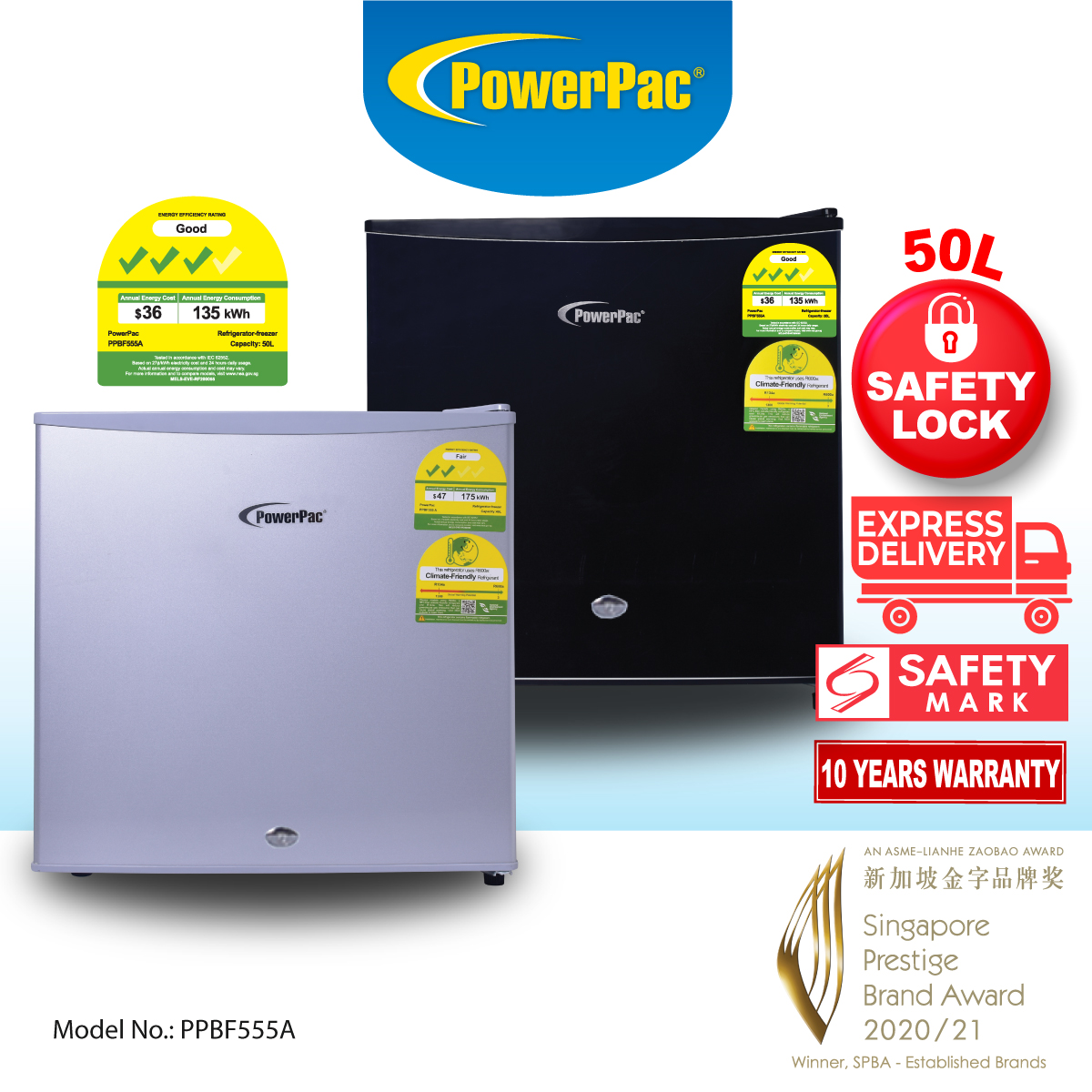 PowerPac Mini Bar Fridge 50L With Lock (PPBF555A)