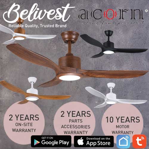 (PRICE GUARANTEED) Acorn DC-168 SMART Ceiling Fan - 3 Blades 42,48 Inch - White/Black/Wood - With/Without 20W LED - google home, amazon alexa,  tuya smart life