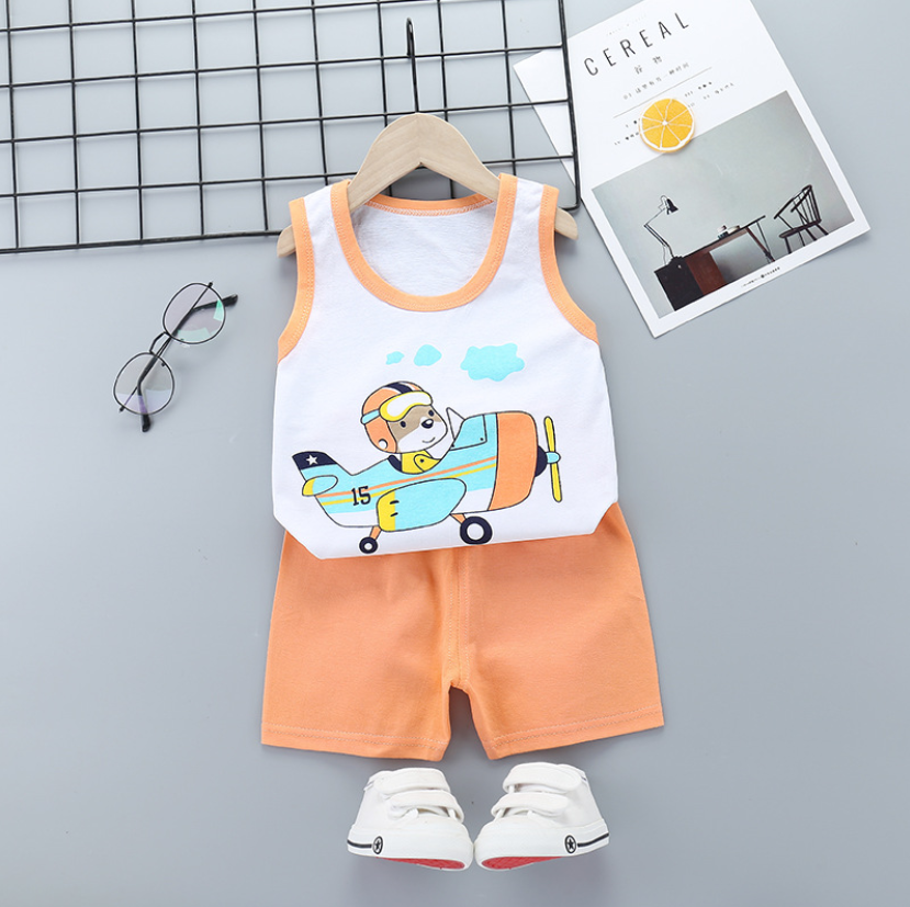 QINN Toddler Baby Shirts Pajamas Sets Kids Boys Girls Clothing Cartoon Cotton Sleeveless Stripe Animals Print Singlet T-shirt Top Vest + Shorts Clothes Suit 2pcs/set
