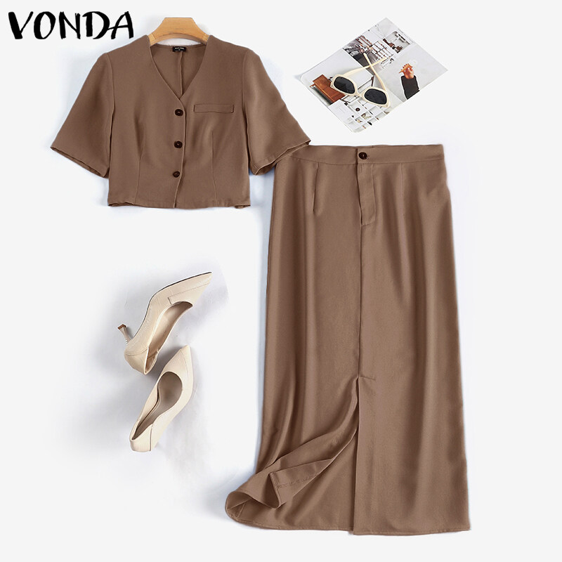 MASHYCHIC VONDA Womens Office Sets V-Neck Shirts Front Split Pencil Skirts Suits (Korean Causal) #2