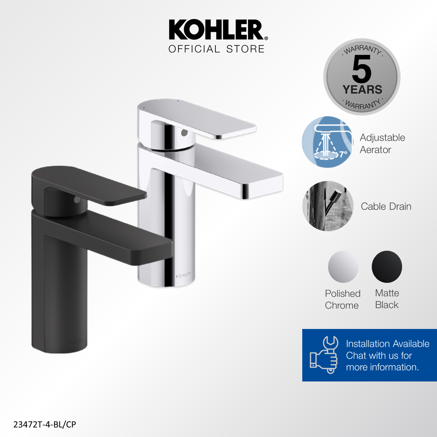 KOHLER Parallel Lavatory Faucet / Basin Mixer, Polished Chrome K-23472T-4-CP / Matt Black K-23472T-4-BL
