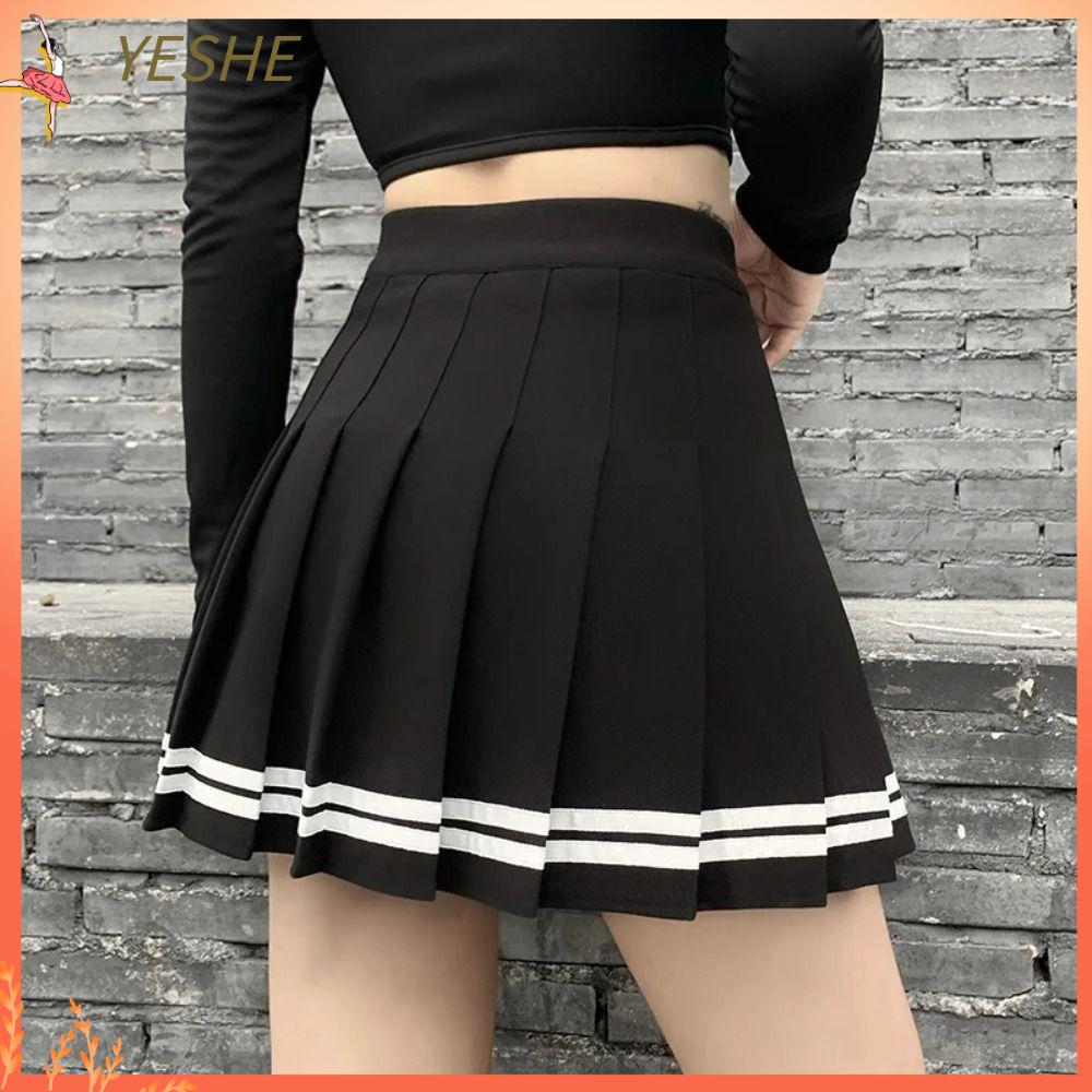 YESHE Korean Style High Waist Mini Skirt Vintage Fashion Striped A-line Skirt Gothic Streetwear JK Black Pleated Skirts